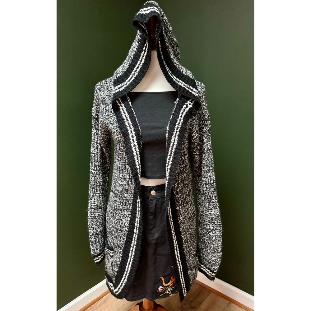 Y2K POOF New York Black & White Hooded Knit Cardigan Women's Size L